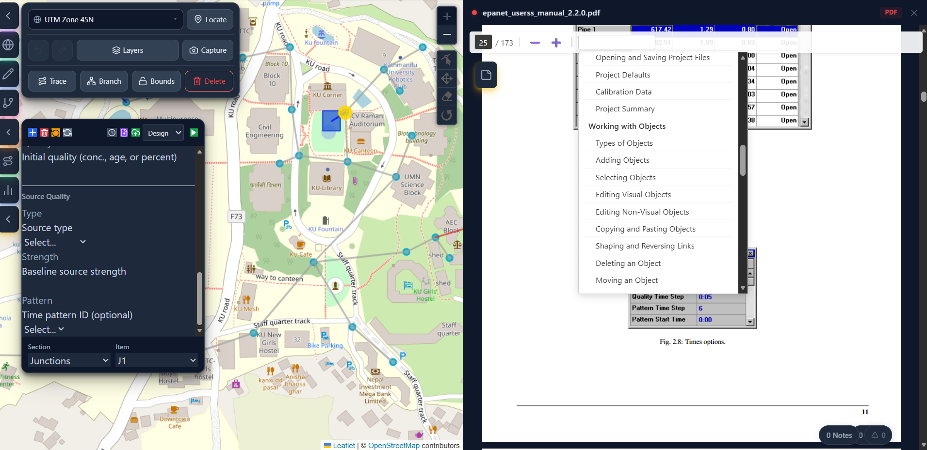 Integrated File Viewer — PDF Alongside the Model Integrated file viewer showing a PDF reference manual open side-by-side with an EPANET model in the HydroBOA web app