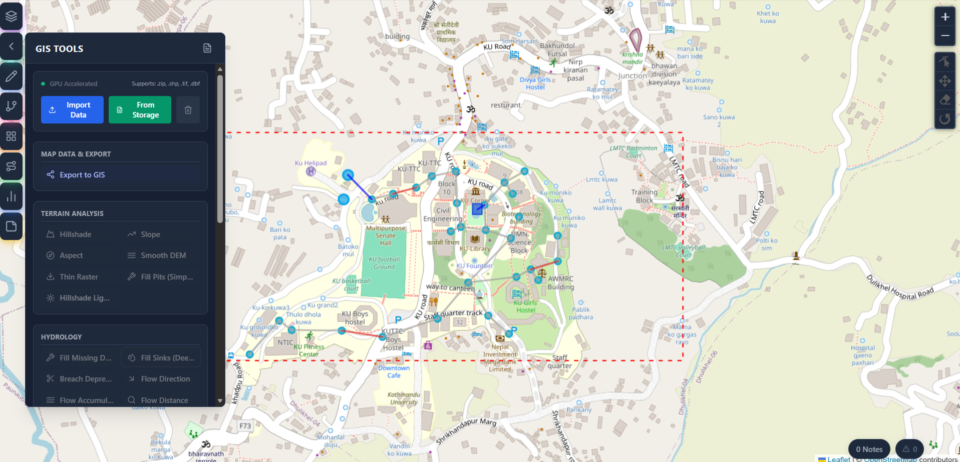 Built-in GIS Toolkit EPANET GIS tools panel for data import and export, terrain analysis, and hydrology functions in HydroBOA