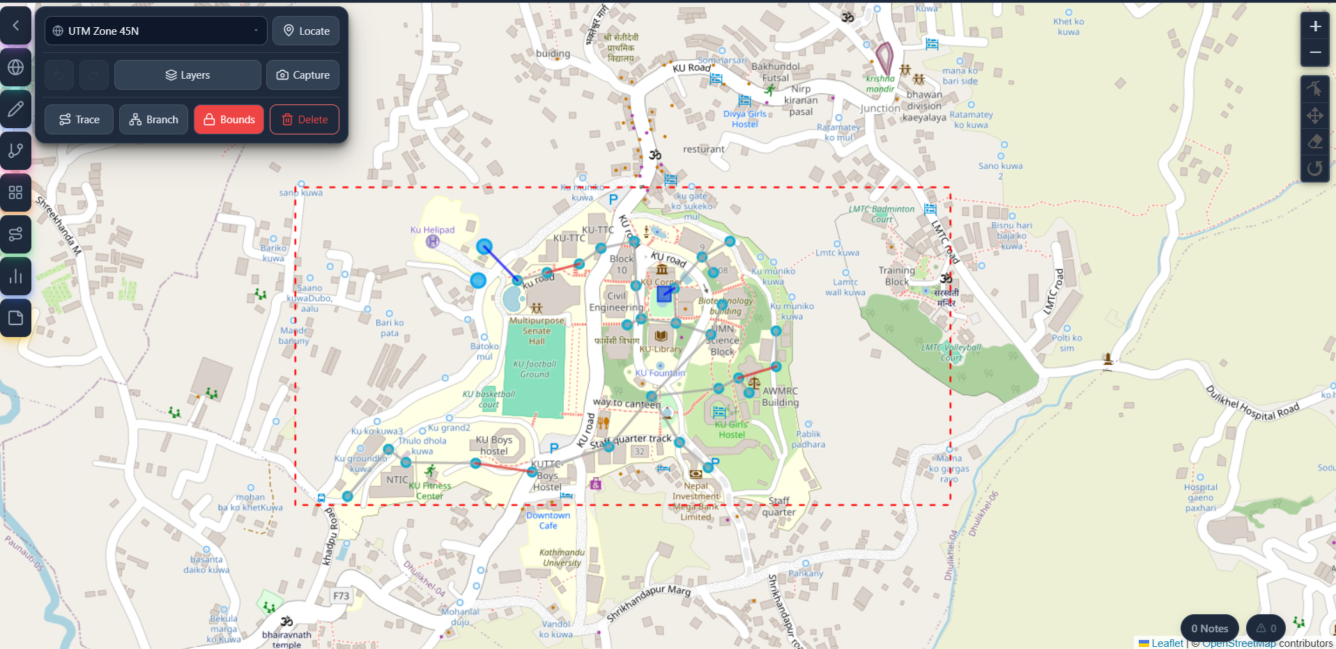 EPANET Network on a Live Map EPANET water distribution network — junctions, pipes, reservoirs, and tanks — drawn over a real-world street map in the HydroBOA browser app