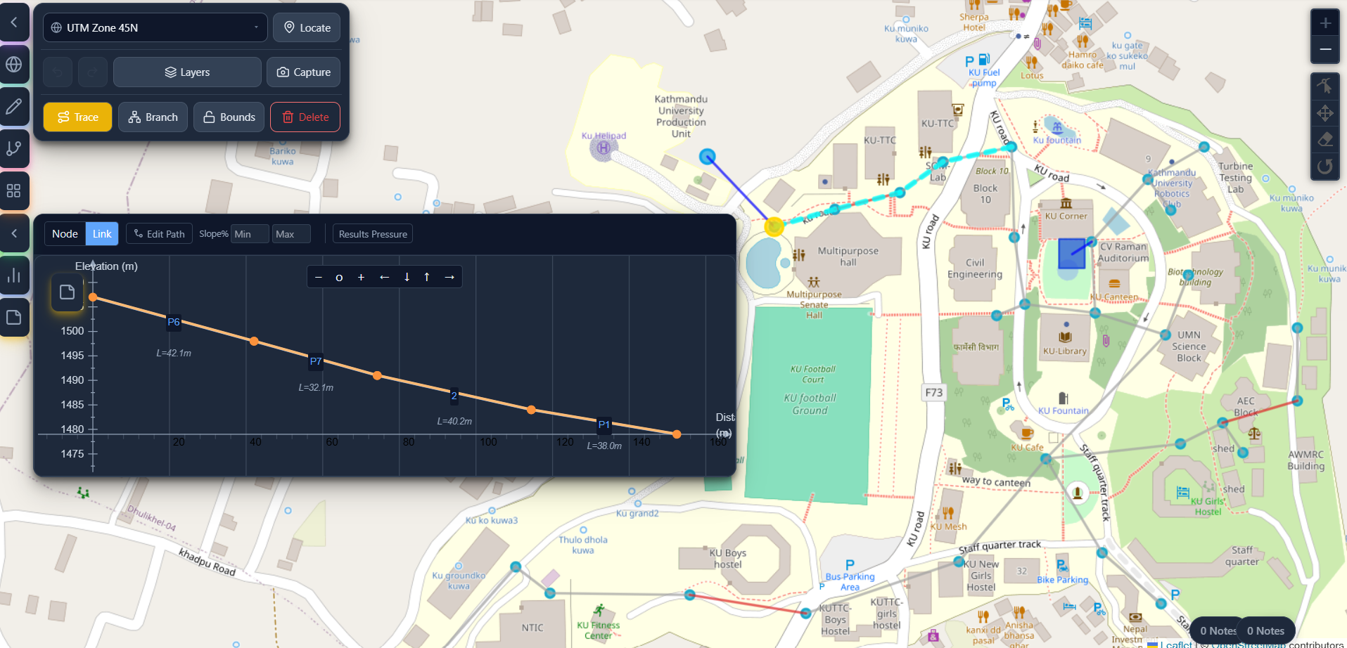 Profile Viewer — Head & Pressure EPANET profile viewer showing hydraulic head and pressure along a selected pipe path with the route highlighted on the network map in HydroBOA